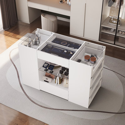 Closet Island With 12 Drawers, Wardrobe Armoire Island with Glass Top and Display Shelves, White
