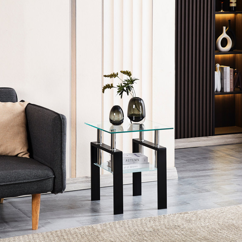 Tempered Glass Side Table With 2-Layer Storage - Clear For Living Room, Dining Bedroom, Office End Compact Space
