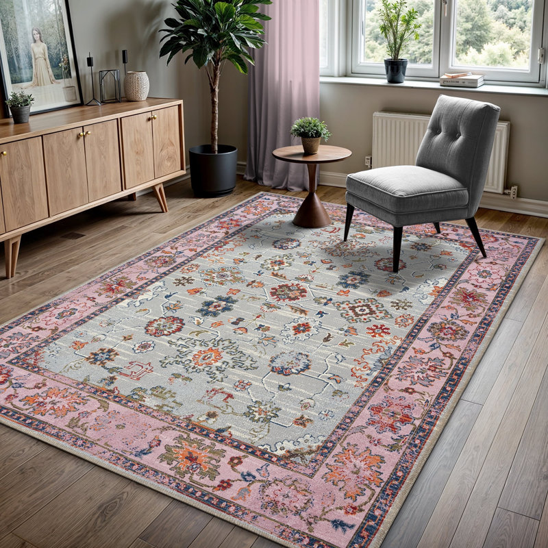 GLN Rugs Traditional Collection - Machine Washable Area Rug, Traditional Washable Rug, Non Slip Washable Rug, Low Pile Chenille Living Room Rug, Bedroom Rug, Kitchen Rug (Pink and Gray Rug)