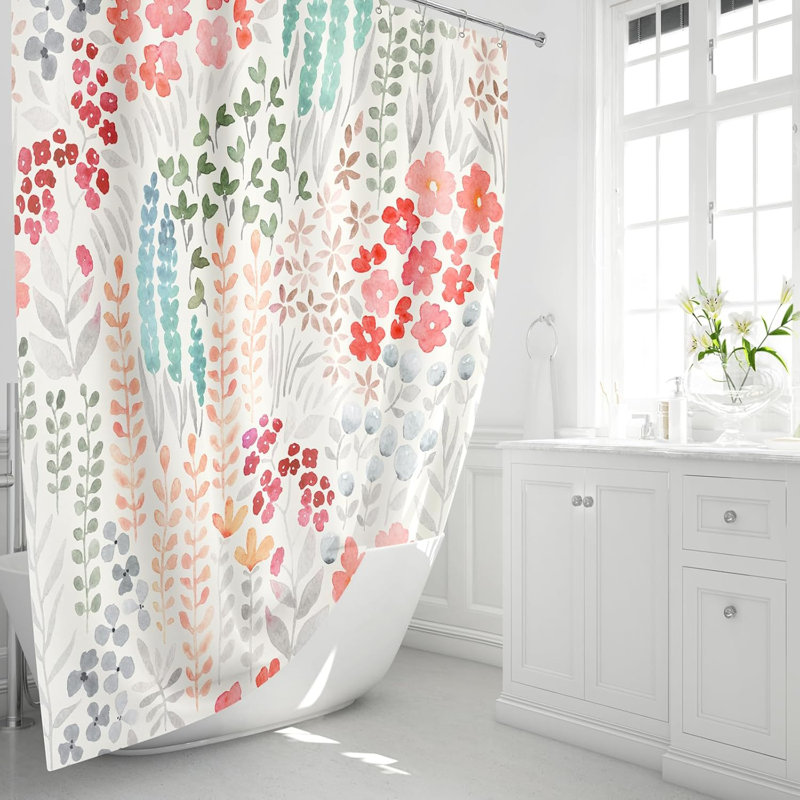 Wildflower Boho Cottagecore Polyester Shower Curtain Set, 182.88cm H x 182.88cm W, Red