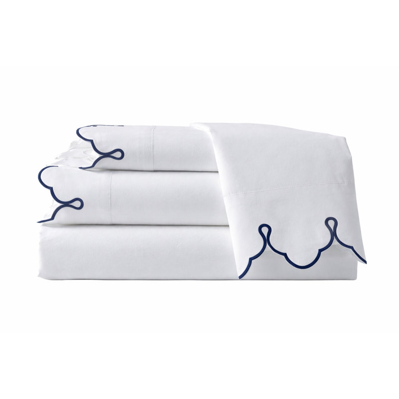 Scalloped 100% Cotton Standard Sheet Set, King Sheet Set, White Navy