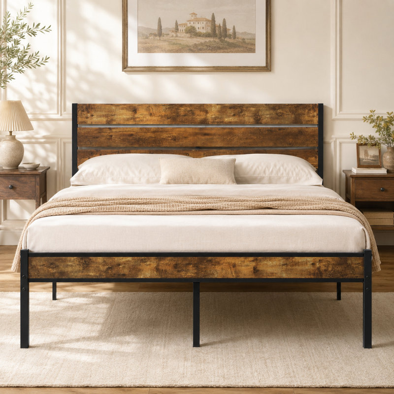 Lit plateforme industriel avec tête de lit en bois, cadre de lit en métal brun rustique et noir avec rangement sous le lit, aucun sommier nécessaire