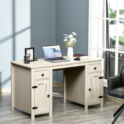 Bureau d'ordinateur avec rangement Farmhouse, bureau avec 2 tiroirs et 2 armoires, blanc crème