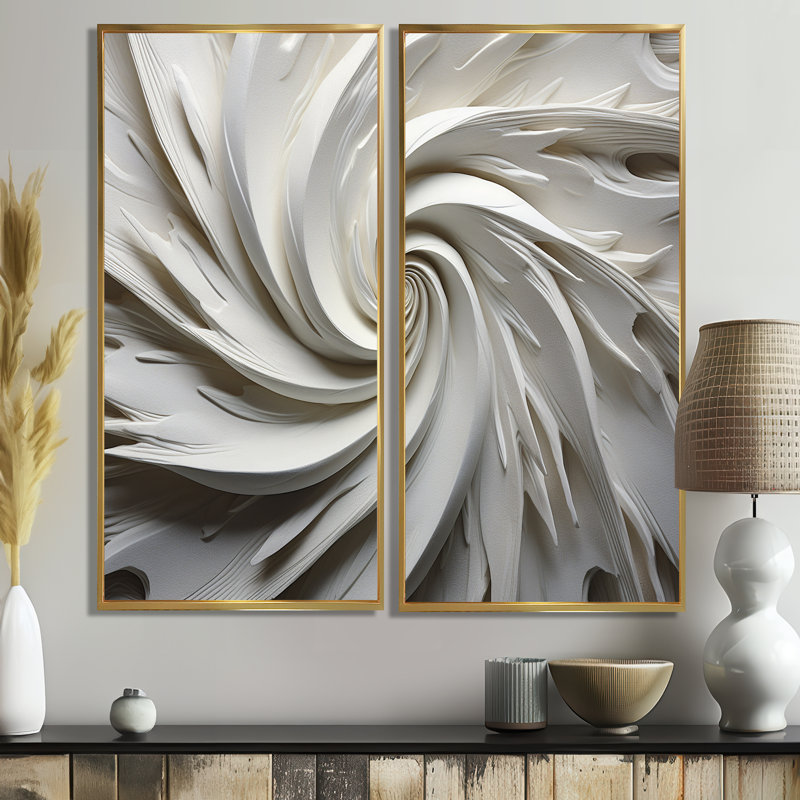 White Majestic Motion I - Décoration murale moderne blanche 2 panneaux, H 40 po x l 40 po, Impression encadrée flottante