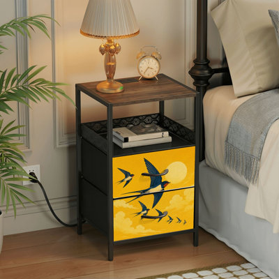 Table de chevet 2 tiroirs avec station de charge, table de chevet de chambre à coucher avec ports USB, tablette ouverte noire, table de chevet avec imprimé hirondelles