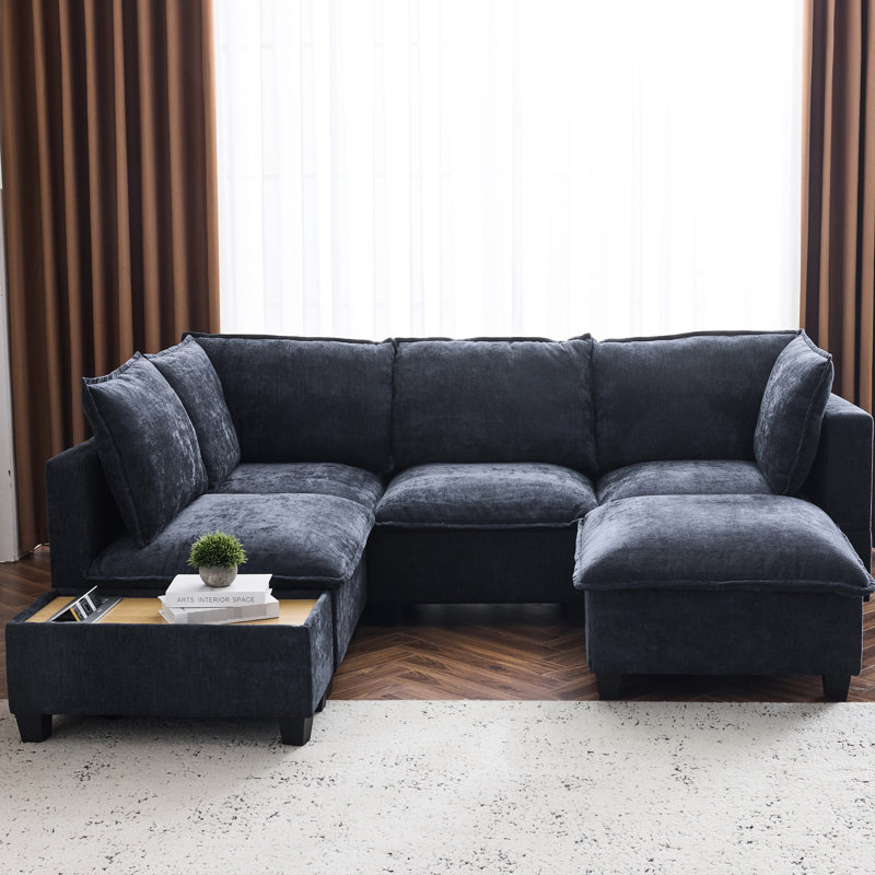 U-Shaped Sectional In Blue. Movable & Coffee Table With Hidden Charging. Cosy Padded Seating, Decoration Blue 90" Table. Charging Socket, Delight, Long-Lasting Beauty Increase