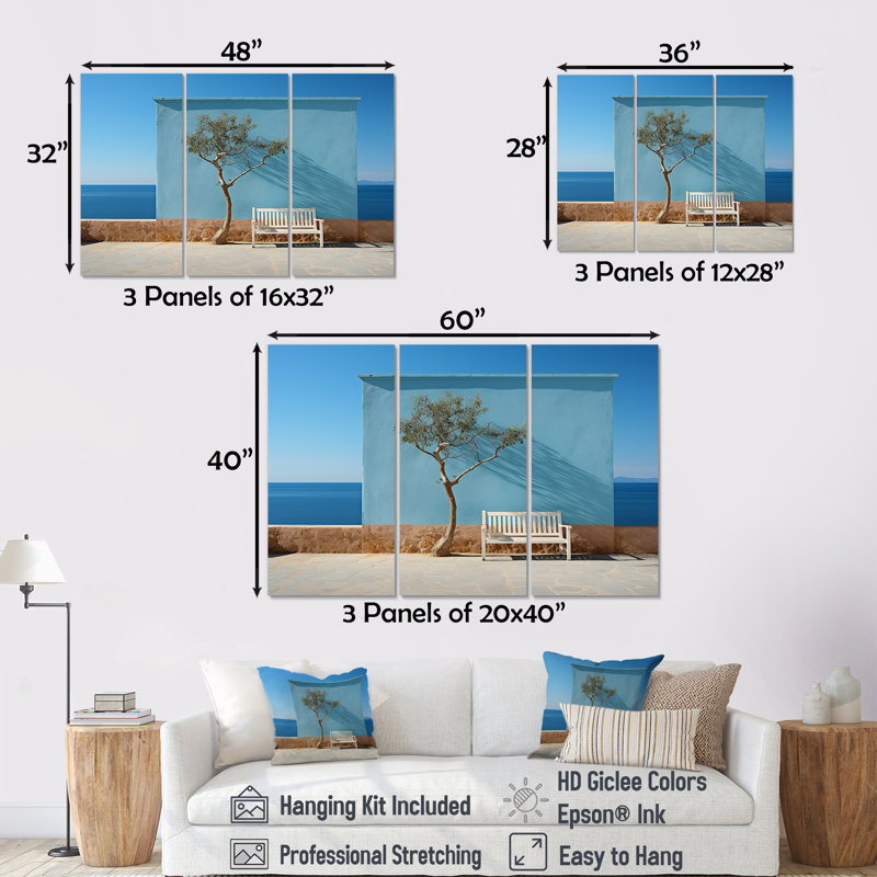 Arbre avec banc, horizon de la Grèce, ensemble d'art sur toile côtière, H 28 po x l 36 po x P 1 po