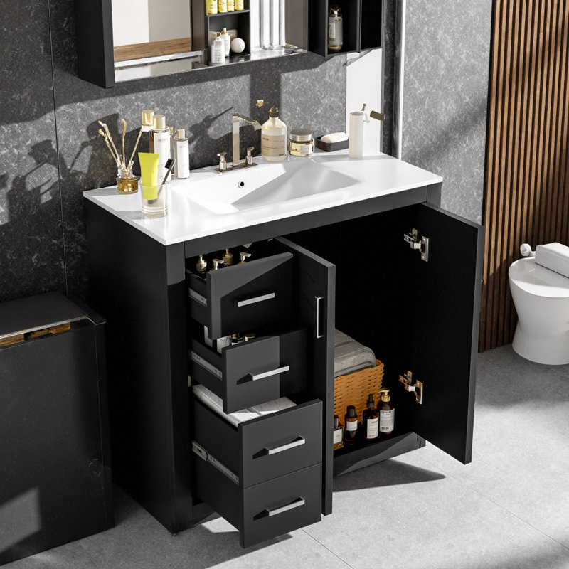 Meuble-lavabo moderne 36 po avec lavabo en céramique, 3 tiroirs et portes à fermeture douce, Noir