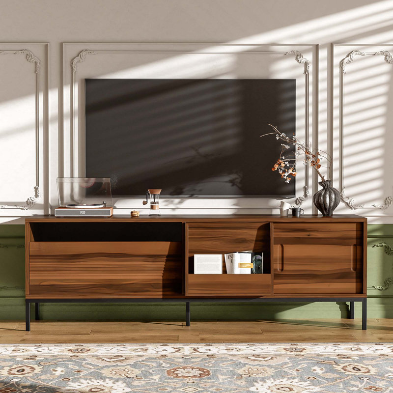 Meuble télé Mid-Century avec portes coulissantes et tablettes réglables pour téléviseurs de 75 po ou moins, Brown
