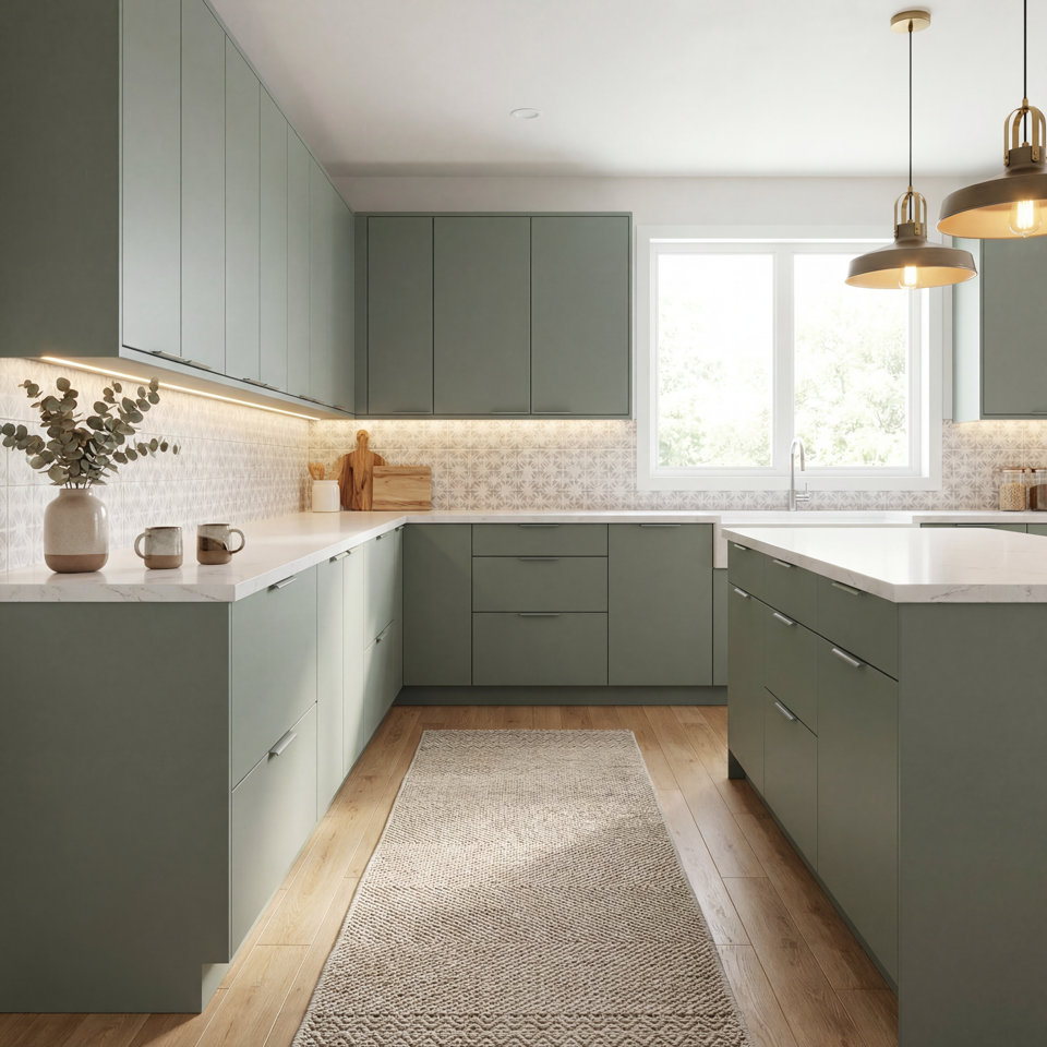 A contemporary kitchen featuring sage green flat-panel cabinets, white quartz countertops, a patterned tile backsplash, natural wood floors, and pendant lighting