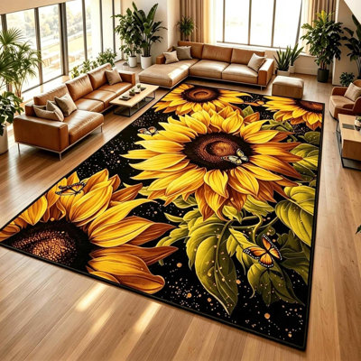 Floral Area Rugs,Sunflower Jungle Butterfly Rug,Sunflower Rug for Living Room Decoration in Spring Summer Bedroom Washable with Rubber Backing Sun Flower Bathroom Mat, 4.6′ × 6.6′
