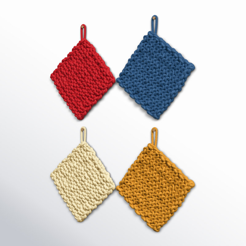 Ensemble de 4 poignées crochetées en coton, Rouge / bleu / crème / moutarde