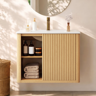 Deervalve 30" Modern Wall-Mounted Single Bathroom Vanity with Ceramic Top, Natural Wood