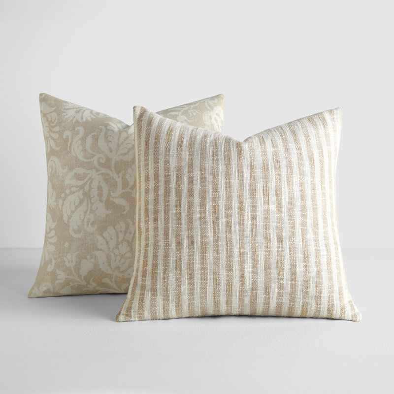 2-Pack Yarn-Dyed Patterns Decor Throw Pillows in Yarn-Dyed Bengal Stripe / Distressed Floral, Tan Striped/Cream Floral