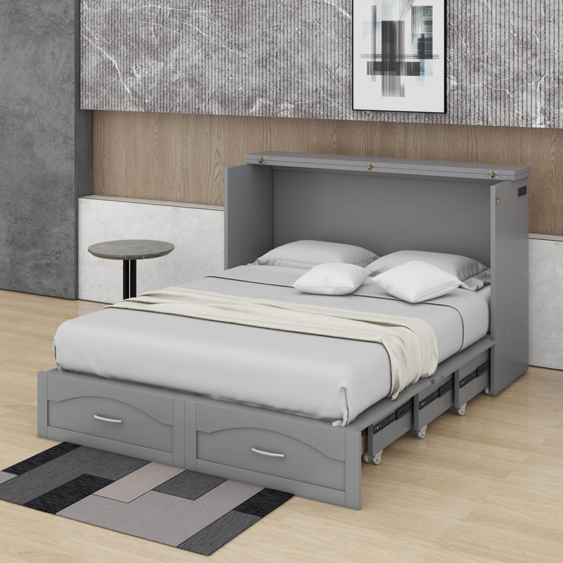 Grand lit escamotable avec tiroir et port USB, gris