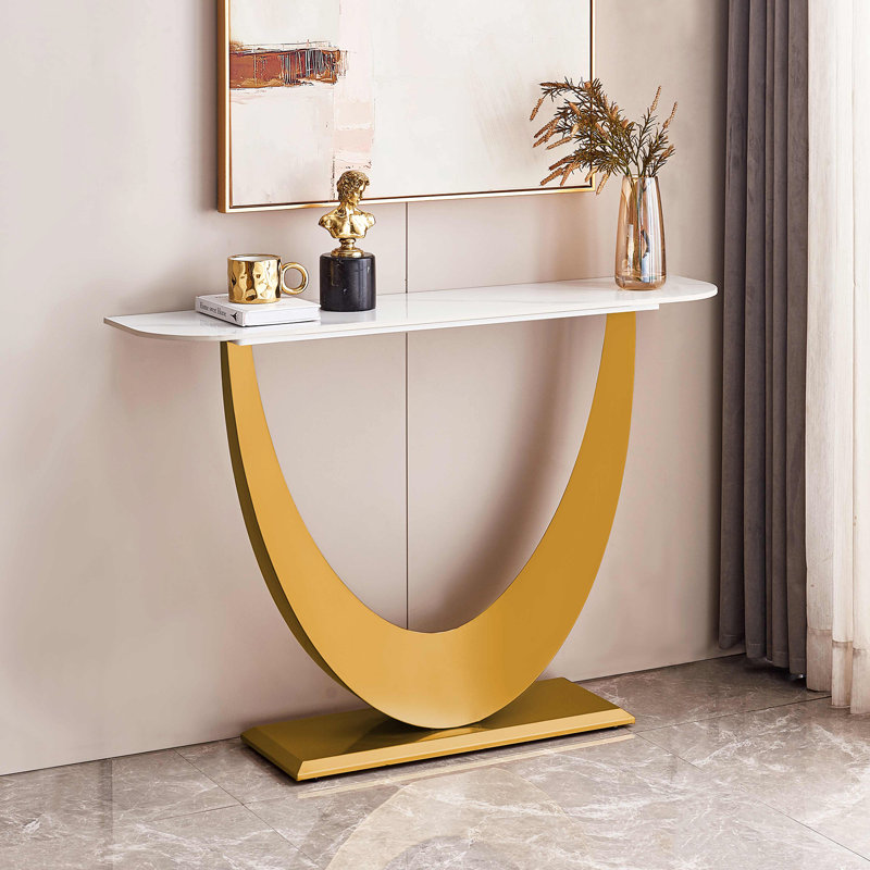 Console moderne avec son design unique, table d'entrée, table Hoyer avec patins réglables, Doré