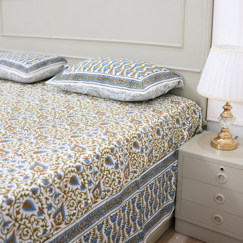 Fabdivine Pure Cotton Bedsheet Set – Handcrafted Comfort with Matching Pillow Covers, Hawamahel, Blue/Yellow Floral