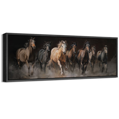 Running Wild Horses in Dusty Meadow Extra Large Pictures Framed Canvas Print Wall Art