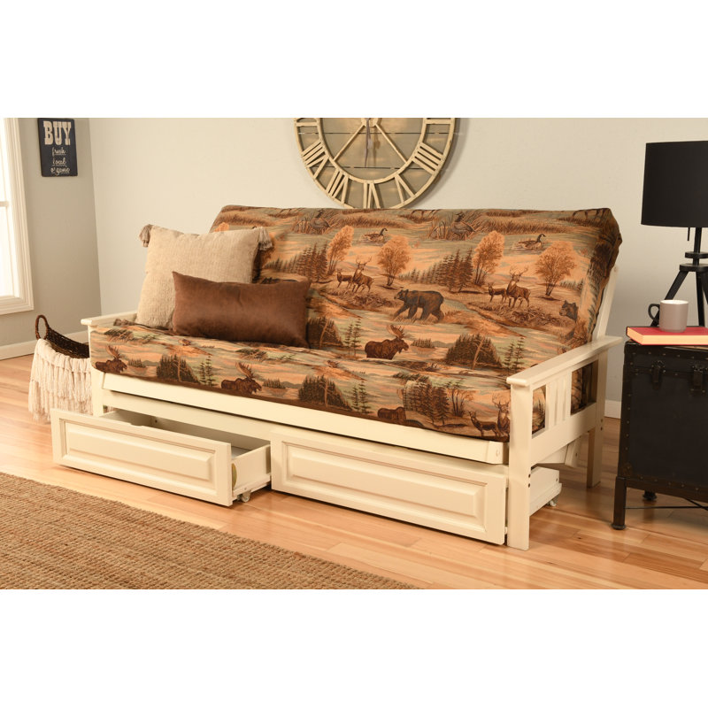 Le cadre de futon double Stratford comprend des tiroirs de rangement et un matelas, Blanc antique, Canadien, Innerspring