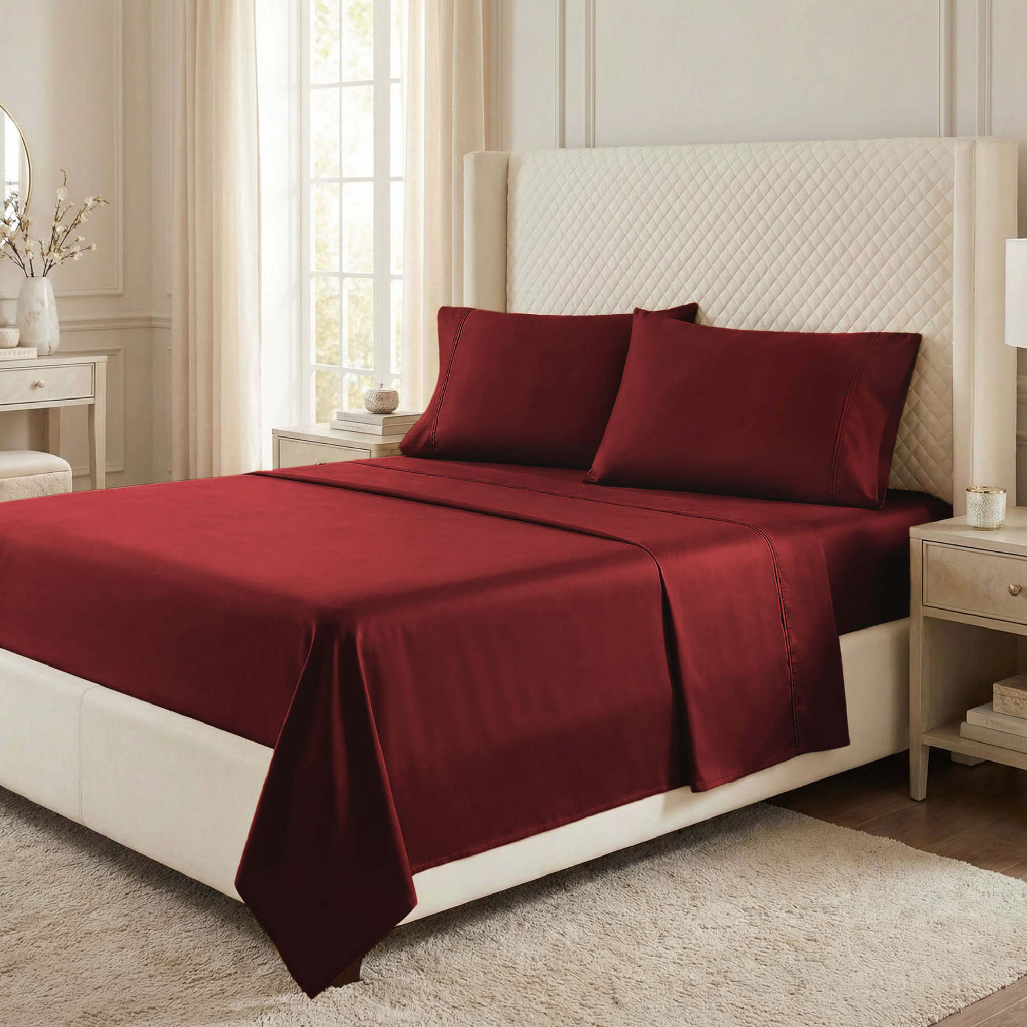 Edmont 530 Thread Count Egyptian-Quality Cotton Sateen Sheet Set, Queen, Burgundy