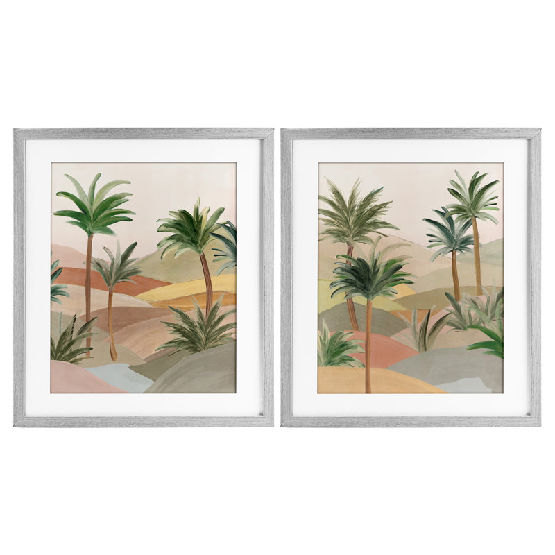 Ensemble de 2 impressions encadrées sous verre Exotic Desert Oasis, design par Ian C., H 16 po x l 13 po, Cadre de ferme gris