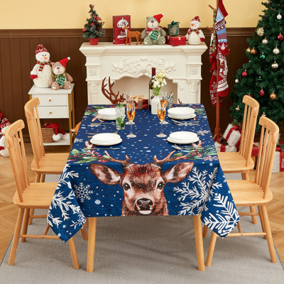 Nappe de Noël avec rennes et flocons de neige, 100 % polyester flammé, pour les fêtes.