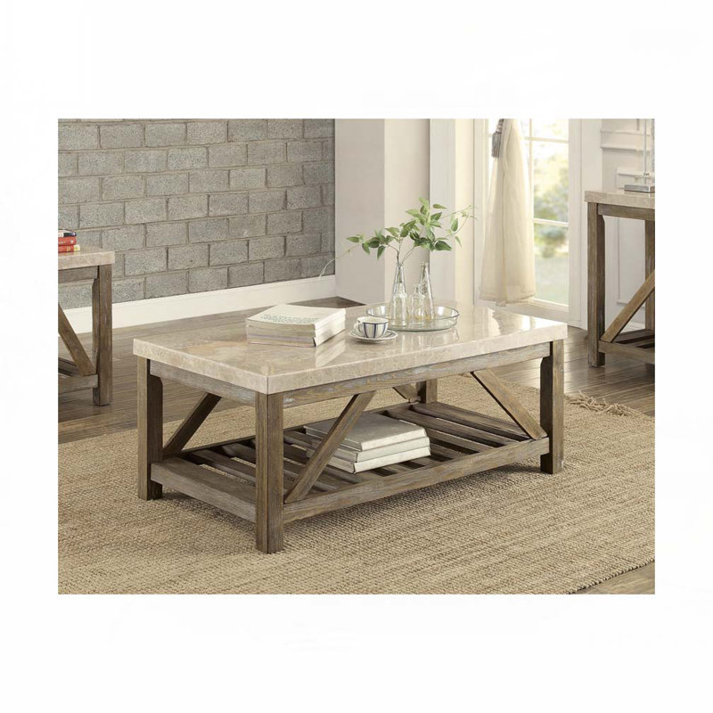 Table basse en marbre avec tablette de plancher, 2 tiroirs