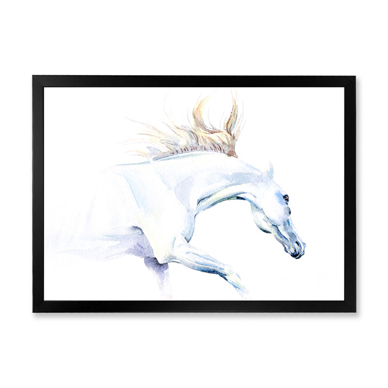 Cheval blanc - peinture sur toile, H 12 po x l 20 po, Cadre noir