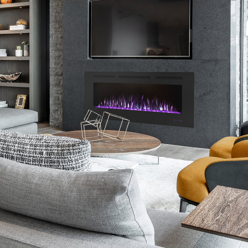 Inserts de cheminée électriques modernes encastrés au mur, foyer de 750 W ou 1500 W, foyer en faux bois ou en cristal, flamme réaliste réglable, télécommande et contrôle intelligent par application