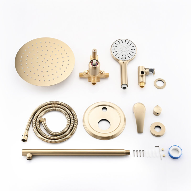 Wall Mounted Shower With 10 Inches, High Rain Head And 5 Handheld, Silver Brass, Brass