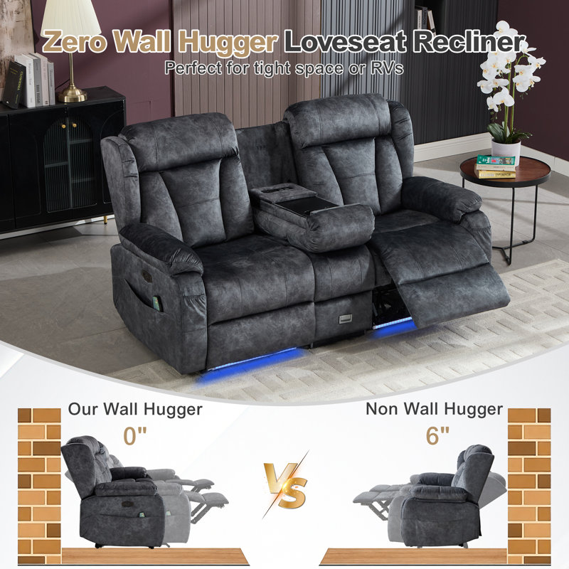Zero Wall Hugger Power Reclining Loveseat with Massage for Small Spaces, RV Loveseat Recliner Sofa with Console USB A / USB C /AC Charge LED Light, Double Recliner Couch for Living Room Home Theater