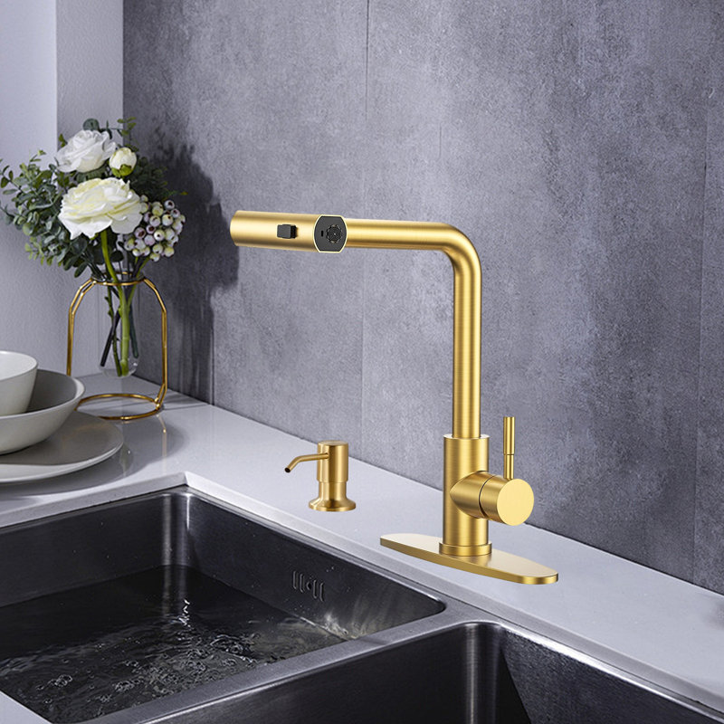 Pull-Down Sprayer Kitchen Faucet, Waterfall Kitchen Faucet, 3 Modes (Waterfall/Stream/Spray), With Soap Dispenser, Deck-Mounted Kitchen Faucet.