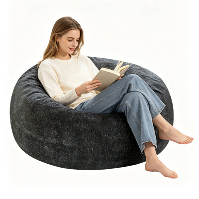 Pouf rond Starry Sky de 120 cm (4 pi), 100 cm (L) x 100 cm (l) x 50 cm (H), tissu en peluche avec rembourrage en lurex et mousse à mémoire de forme, 1 pièce, fauteuil relax, gris, finitions argentées brillantes