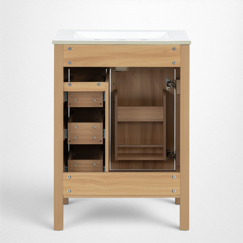 Meuble-lavabo autoportant 24 po avec lavabo en céramique, rangement rabattable et 3 tiroirs, petite salle de bain moderne