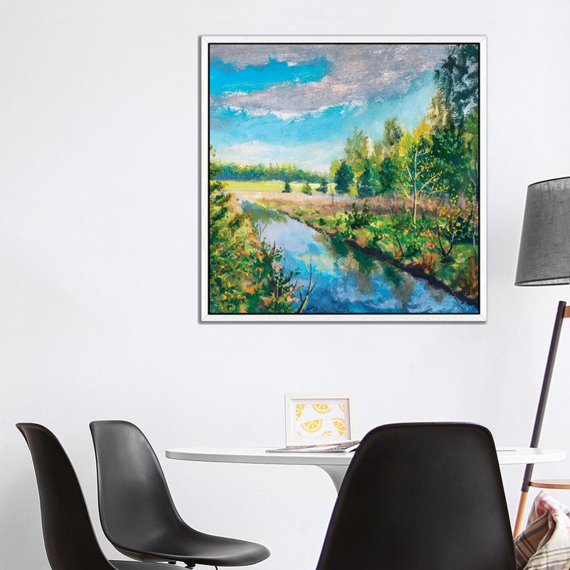 River In Spring Green Forest by Valery Rybakow - Painting on Canvas, 66.04 cm H x 66.04 cm W, White Framed Canvas