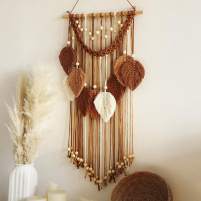 Farmhouse Rustic Wood Bead Wall Tapestry, Handmade Soft Woven Large Leaf Boho Wall Hanging Decor, Earthy Tone Wall Art Ornament for Apartment, Living Room, Bedroom and Dorm