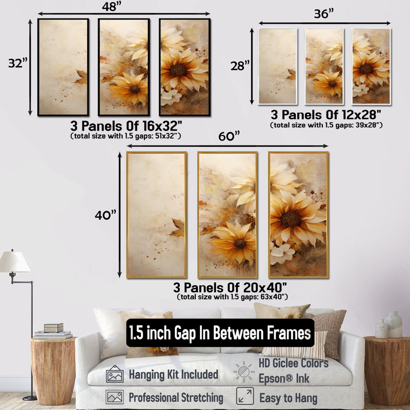 Minimalisme, tournesols beiges efflorescence - ensemble d'art mural tournesols, Cadre flottant blanc
