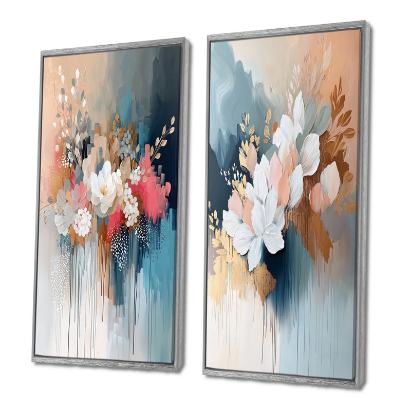 Ensemble de 2 pièces d'art mural blanc doré à motif floral Brushstroke III, H 40 po x l 40 po, Encadrement argenté