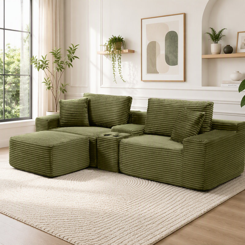 111'' Corduroy Sectional, Green