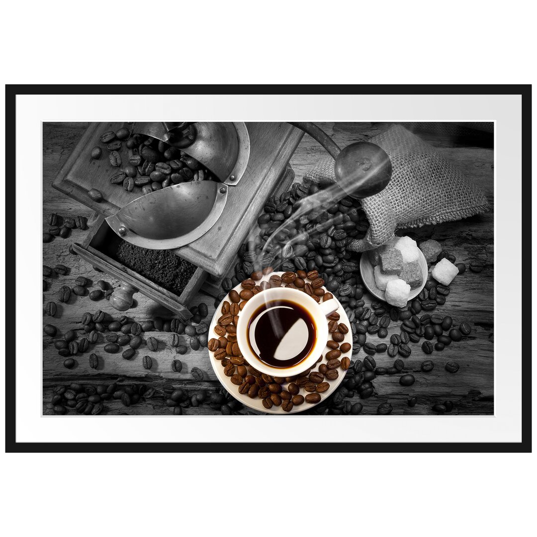 Gerahmtes Poster Kaffee mit Kaffeebohnen