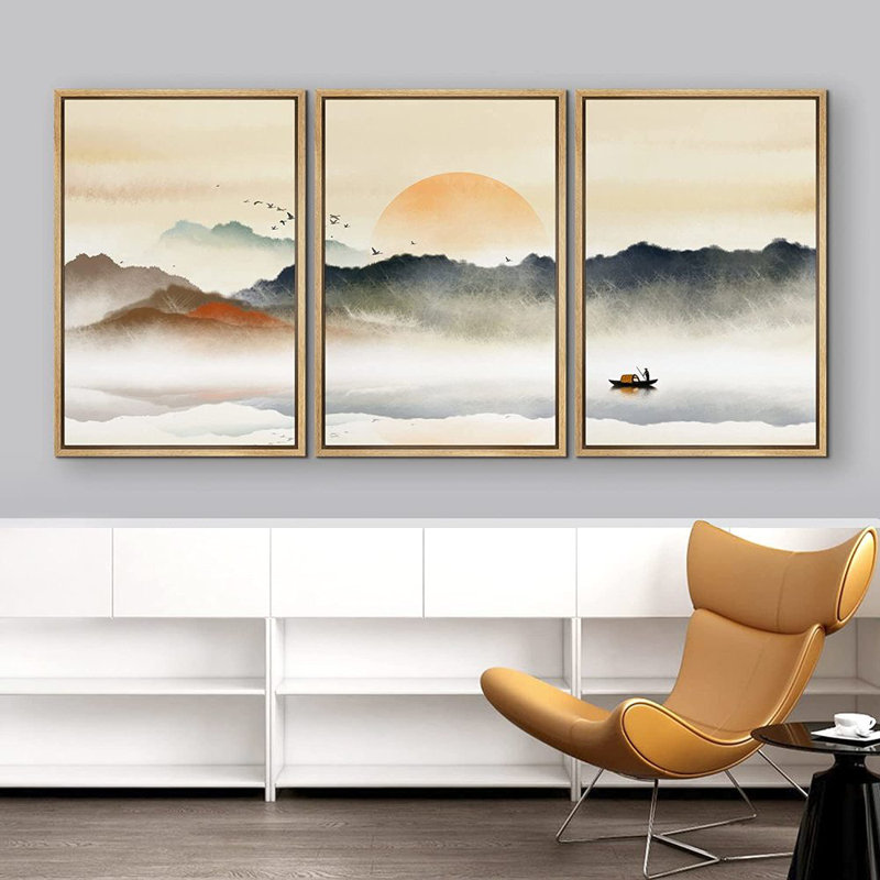 Pastel Rising Sun Misty Ocean Landscape Framed Canvas Set