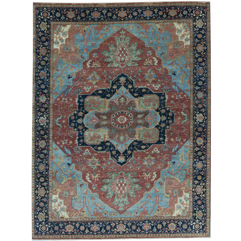 Tapis rouge et bleu noué à la main de haute qualité