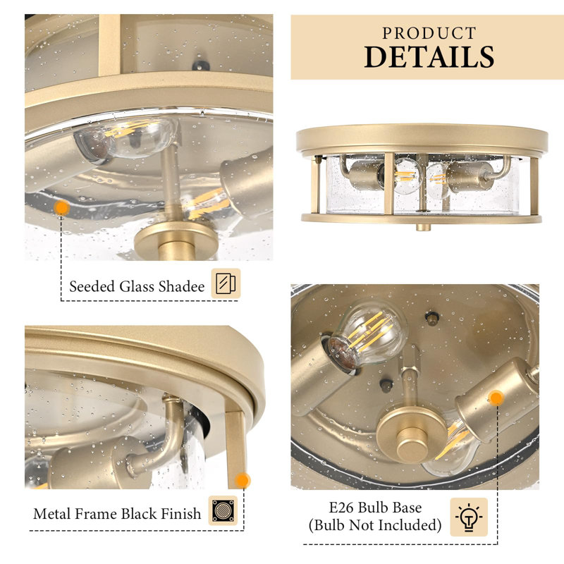 Flush Mount Ceiling Light Fixture with Glass & Brass Design, Gold