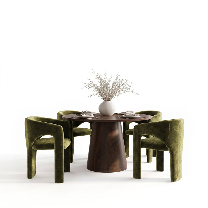 Ensemble de salle à manger rond à ovale extensible avec fauteuils demi-tonneau en chenille, Vert olive