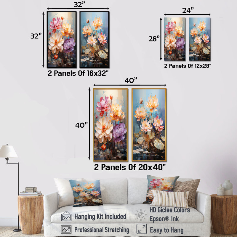 Fleurs colorées de lotus abstraction - lot de 2 lotus, H 28 po x l 25 po, Toile tendue
