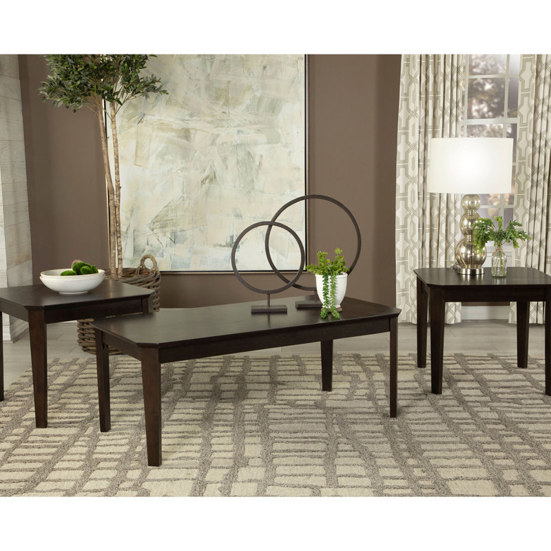 3 Dark Brown Coffee And End Table Ensemble, Rectangular Design, Slim Straight Legs, Solid Wood + Structure, Hairpin Base, Ideal For Main Living Areas, 18 Inches Tall, 46.53 Wide, 23.5 Deep Primary