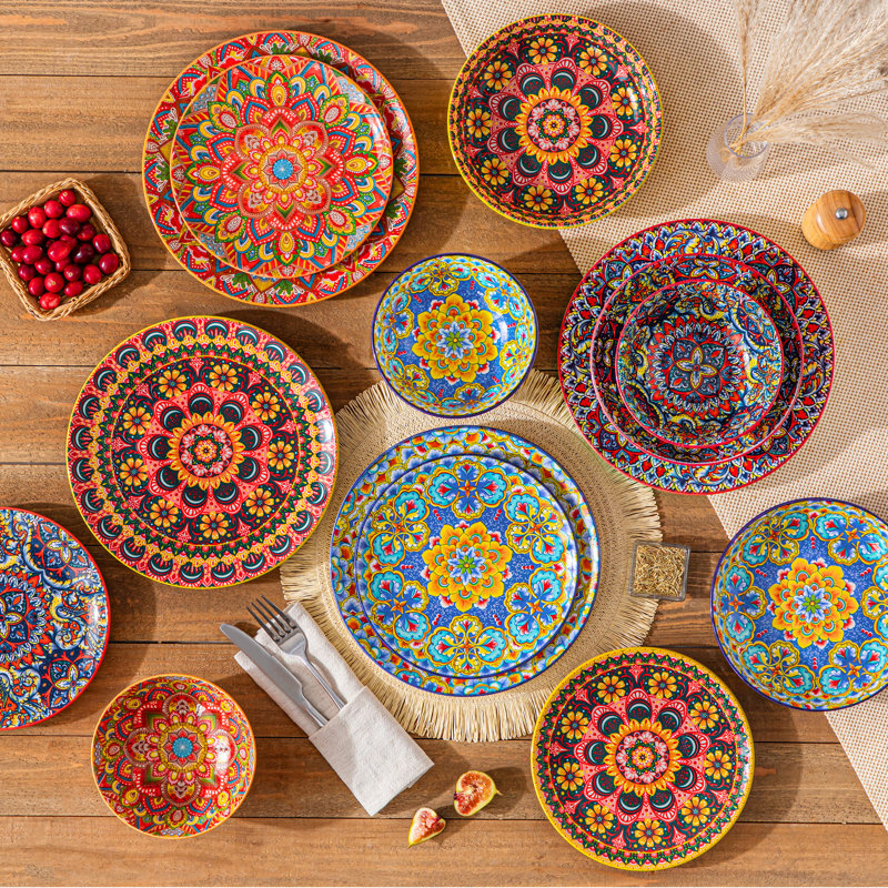 Ensemble 16 pièces de vaisselle de style bohème pour 4 personnes, 4 motifs imprimés assortis, assiettes en céramique colorées, bols et tasses