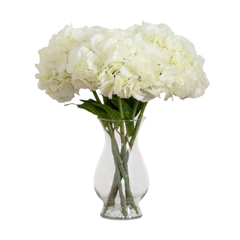 20in. Artificial Hydrangea Arrangement in Glass Vase, White