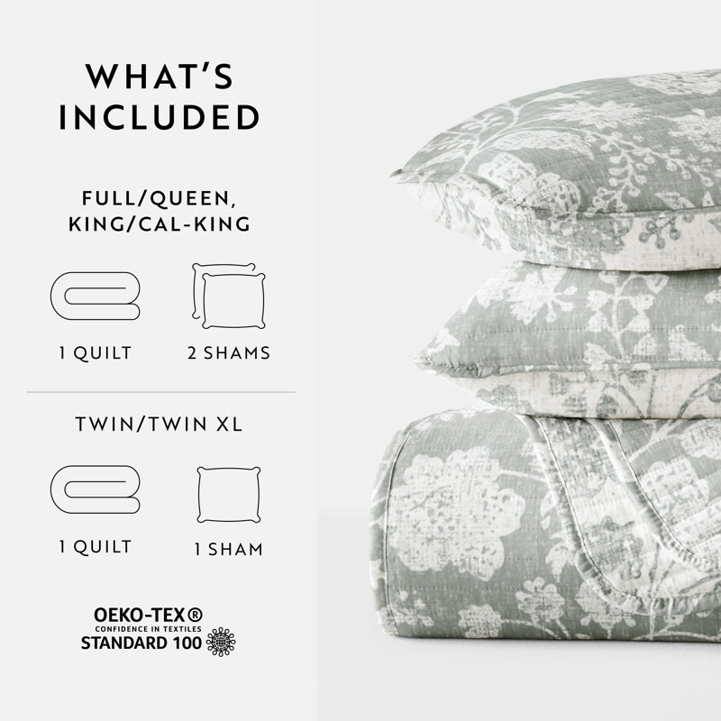 Quilt Set- Lightweight - All Season Quilted Coverlet - Textured Floral, King/Cal-King Quilt + 2 King Shams, Eucalyptus