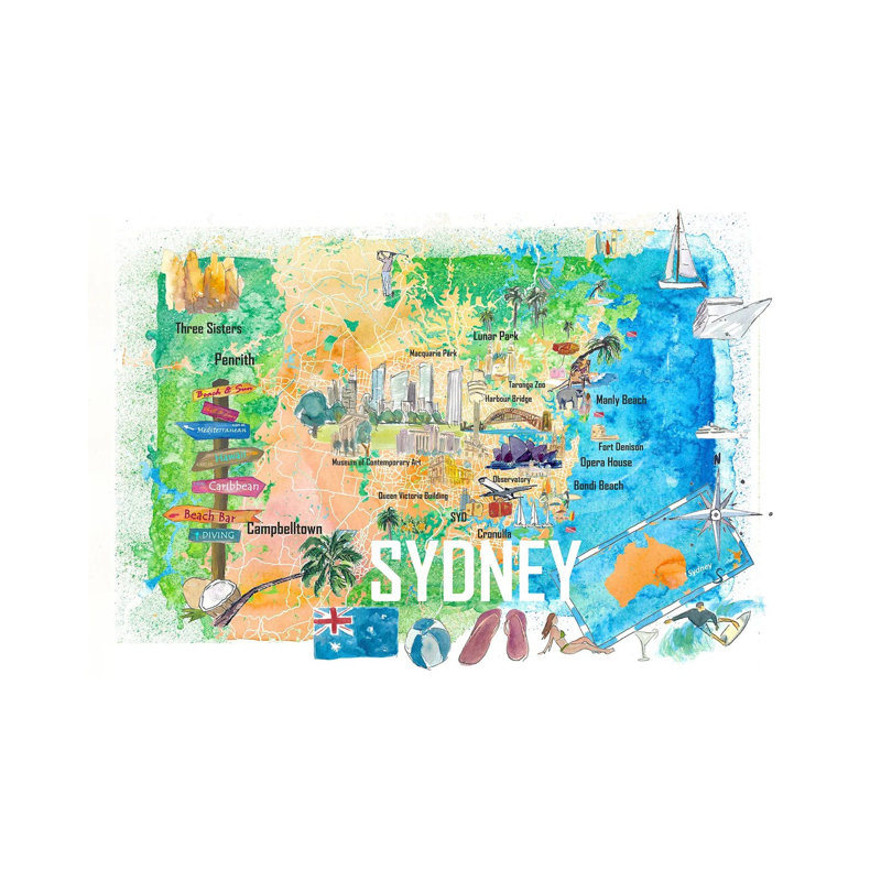 Sydney Australia Illustrated Map With Main Roads Landmarks And Highlights 1 Piece Wrapped Canvas Wall Art